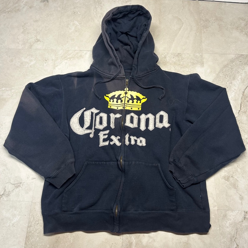 Corona Extra Zip Up Hoodie Navy Blue Mens Large Vintage Graphic Beer Sweatshirt